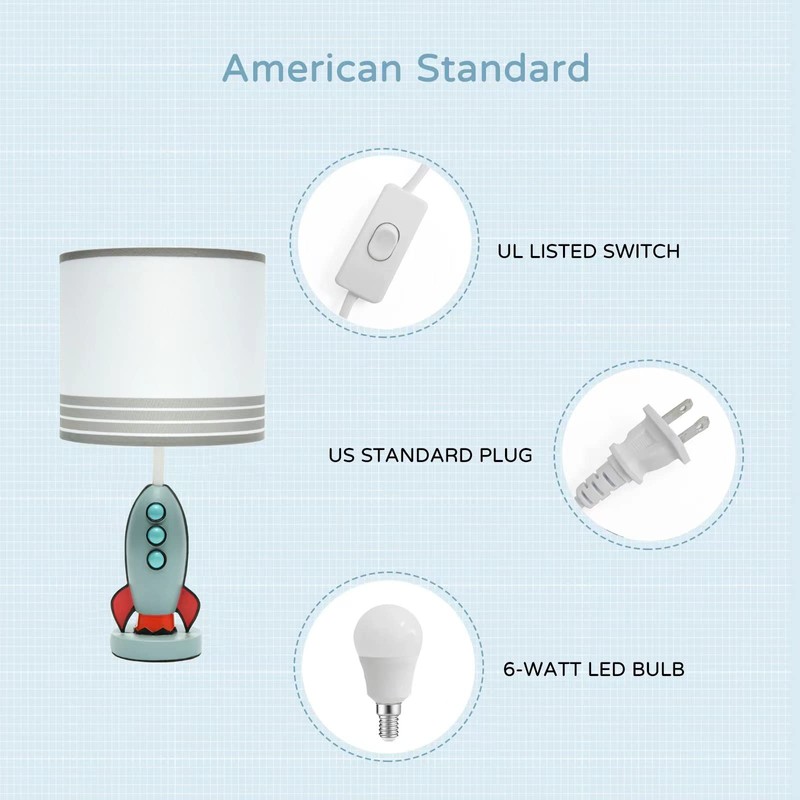 HERBESTBAY Kids Bedside Table Lamp, Adorable 14 Inch Rocket Ship