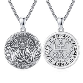 JFASHOP 925 Sterling Silver Saint Raphael Medal Protection Amulet Necklace Protection Catholic Lockets Chain Jewellery for Men Women, Silver