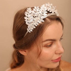 Jumwrit Wedding Tiara for Bride Rhinestone Leaf Wedding Crown Greek Goddess Headband Laurel Leaf Crown Wedding Headpiece Prom Festival Bridal Hair Accessories for Women and Girls(Gold)