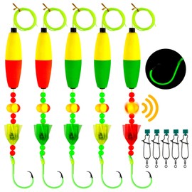 Alwonder 5-Pack Catfish Bait Float Rigs Kit, Ready Cat Fish Rig with Catfish Rattles Peg Floats Beads Circle Hooks 6/0, Catfishing Tackle Equipment Rattle Floater Bobbers Cat Fishing Gear 30LB