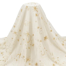 BENECREAT 90cm Glitter Tulle Fabric, 159cm Stars Moon Lace Fabric Polyester Embroidered Mesh Lace Accessories for Wedding Veils, Formal Dress, Curtain Home Decor, Apricot