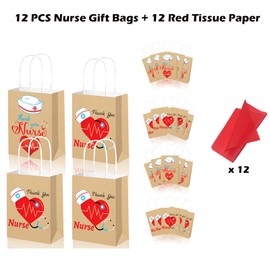 Qpout 12 Pack Nurses Week Gift Bags Bulk 2025, Small Nurse Gift Bag With Red Tissue Paper, Thank You Nurse Goodie Bag, Nurse Day Nursing Graduation RN Party Favors Candy Treat Snacks Bag