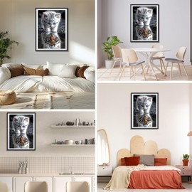 DAERLE DIY Diamond Painting Tiger Reflection of a Kitten, Diamond Painting Adult Cat and Tiger, 5D Diamond Painting Pictures, Mosaic Making Craft Set for Home, Wall Decoration, 30 x 40 cm