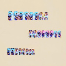 Square Press on Nails Short Fake Nails with Golden Striped Embossed Designs Full Cover False Nails Stick on Nails Blue Purple Glossy Acrylic Nails for Women Nails Manicure Decoration 24 Pcs