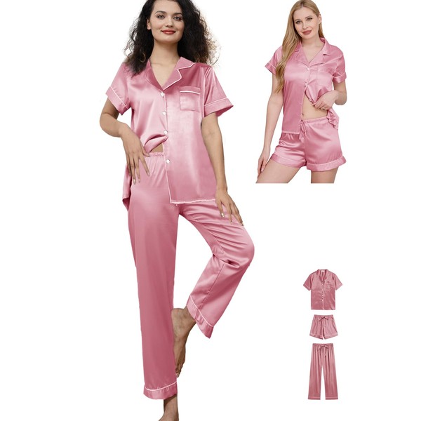 WJing Yi Jia Womens Pajama Sets 3Pcs Silk Satin Pajamas