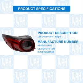 Wahparts LED Driver Left Side Tail Light Assembly Outer Compatible With 2017-2020 Mazda CX-5 CX5 Replace KB8B-51-160E