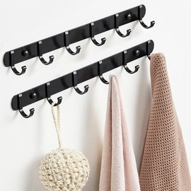 TIE-DailyNec 2 PCS Coat Hook Wall Mounted Aluminum Wall Hooks Heavy Duty Hooks Holder for Hanging Towel Clothes Hat Bag Key Purse Robe Bathroom Bedroom Hotel Kitchen Entryway (6 Hooks, Black)