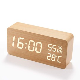 Alarm Clock, Loud Volume, Digital Table Clock, Thermometer/Hygrometer, Tabletop, Stylish, Wood Grain Style, Voice Detection, Power Saving, USB Power, Gift (Wood Grain Style)