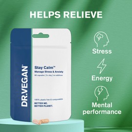 DR.VEGAN Stay Calm | for Stress & Anxiety | 60 Capsules | Two-A-Day | Including Ashwagandha KSM-66 150mg, Cordyceps 150mg, Rhodiola 100mg, Schisandra 100mg