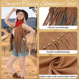 Dzorim Western Cowgirl Costume for Women Cowboy Tassel Vest for Women Hat Dress Bandana Bracelet (Brown, 3XL)