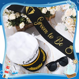 JaGely 3 Pcs Captain Bachelor Party Accessories for Groom Set Include Groom Hat Sunglasses Sash for Bridal Shower(Fresh Style)