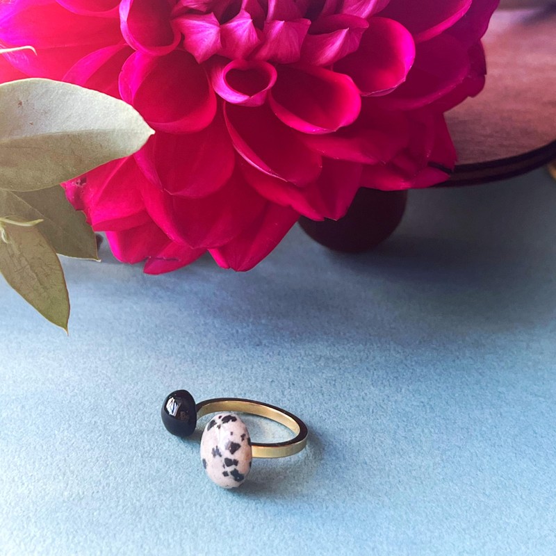 comimi Natural Stone Ring, Onyx Ladies, Dalmatian Jasper for Adults,