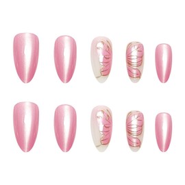 Medium Press on Nails Almond Fake Nails Cat's Eye False Nails with Butterfly Embossed Designs Artificial Nails Pink Sparkly Glue on Nails Cute Stick on Nails for Women 24cps