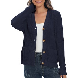 Urban CoCo Women's Chunky Knit Open Front V-Neck Long Sleeve Button Casual Cardigan with Pockets, Navy Blue, Medium