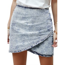 Roskiky Women's Tulip Hem Ruched Washed Casual Bodycon Short Denim Skirt, Thousand Oceans Blue