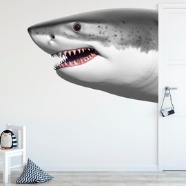 Shark Head Vinyl Wall Decal Sticker Art for Boys and Girls-Great White Shark Ocean Theme Bedroom, Peel and Stick Nursery Room Removable Home Decor for Kids