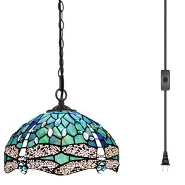 LXHCYOU Tiffany Pendant Light Plug in, 12 inches Stained Glass Hanging Lamp, 39 Inch Chain, 15 Feet Cord Living Room Bedroom Kitchen Dining Room Office (Sea Blue Dragonfly Style)