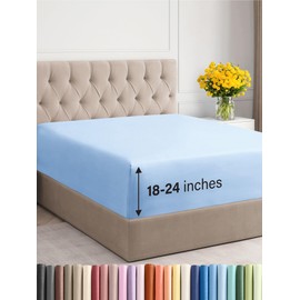 Extra Deep Queen Fitted Sheet - Hotel Luxury Single Fitted Sheet Only - Easily Fits 18 inch to 24 inch Mattress - Soft, Wrinkle Free, Breathable and Comfy - Extra Deep Pockets Light Blue Fitted Sheet