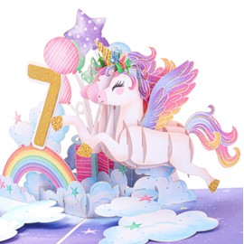Liif Unicorn Happy 7th Birthday Card | 3D Pop Up Birthday Card For 7 Year Old For Kids, Girl, Daughter | With Envelope & Message Note | Size 7 x 5