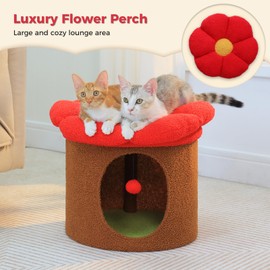 PETEPELA Cat Condo House with Tree, Cave Bed & Removable Flower Cat Cushion - 20X20X16 Inches, Brown