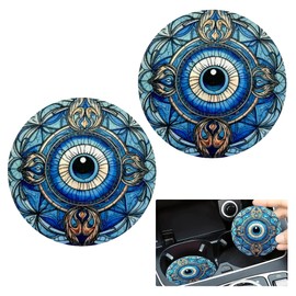 2 Pcs Evil Eye Car Cup Holder Coasters, Universal Round Car Coaster for Cup Holders, Non-Slip Insert with Absorbent Material, Long-lasting Car Accessories Interior, Reliable Drink Coasters