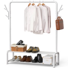 Simple Houseware 52-Inch Freestanding Closet Garment Rack with Storage Shelves and Coat/Hat Hooks, White