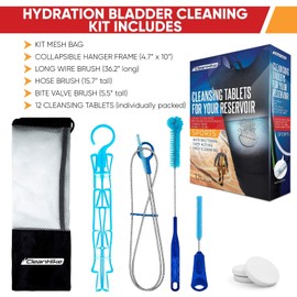 Reservoir Hydration Bladder Cleaning Kit - 6-In-1 Water Reservoir Cleaning Kit Of 3 Brushes, Collapsible Frame, (12) Cleansing Tablets & Carry Pouch - Cleaner Set For Back Pack Bladder