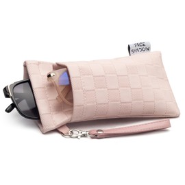 Face Shadow Soft Glasses Case for 2 Glasses Sunglasses Case with Snap Closure Glasses Bag Women Men Sunglasses Glasses Case, Pu-Pink Squares