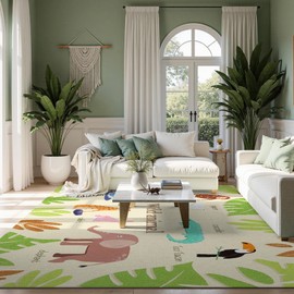 Nayoroom 5x7 Kids Jungle Animal Area Rug, Cartoon Gibbon/Toucan/Elephant/Cheetah with Tropical Leaves & Name Labels, Educational Playroom Nursery Bedroom Carpet, Soft Non - Slip Durable Toddler Mat.