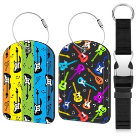 Colorful Guitar Leather Luggage Tag and Add a Bag Luggage Strap 2 Pack Travel Suitcase Tag with Stainless Steel Loop Name ID Label Privacy Cover for Travel Bag Suitcase
