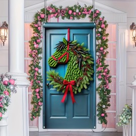 BlissYard Christmas Door Cover 71x35 Inch Pony Horse Head Door Banner Winter Holiday Porch Door Decoration Red Bow Evergreen Wreath Style Christmas Home Decor Front Door Hanging Cover for Xmas New Year