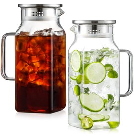 Netany 2 Pack 1.2 Liters/40 oz Square Glass Pitcher with Lid and Handle for Fridge, Iced Tea and Coffee Carafe Beverage Serveware, Heat Resistant Borosilicate Water Jug for Hot/Cold Drinks and Milk