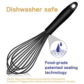 OYV Dishwasher Safe Silicone Whisk, Sealed Waterproof Design Set of 3, Professional Kitchen Whisks for Cooking Non-Scratch, Silicone & Stainless Steel Whisk, Heat Resistant Balloon Egg Beater, Black