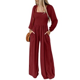 Dokotoo Womens Plus Size Red Jumpsuits for Women Overalls Loose Casual Wide Leg One Piece Long Sleeve Solid Jumpsuit Long Pant Rompers with Pockets X-Large
