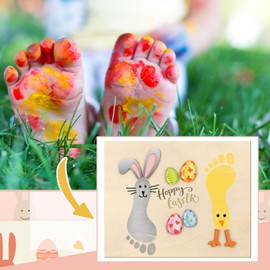 Wonderjune Baby's First DIY Easter Footprint Art Wooden Milestone Card Easter Keepsake Bunny Chick Happy Easter Sign Nursery Decorative Ornaments for Baby Shower Newborn Photoshoot Prop Basket Stuffer