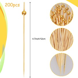 Bcxfbxd 200Pcs Cocktail Picks Bamboo Cocktail Sticks for Drinks 4.7 Inch Toothpicks with Mini Gold Pearl for Desserts Dinner Party Decoration