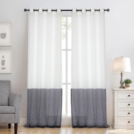 Stripe Sheer Black and White Color Block Curtain Panel 95 Inches Long Grommet Top, Linen Rustic Drape Window Treatment for Bedroom Living Room Farmhouse, 2 Panels, 52W×95L