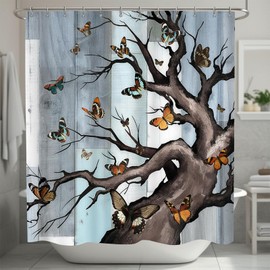 RyounoArt Butterflies Shower Curtain Tree of Life Bathroom Curtain Rustic Farmhouse Bathroom Decor Home Decoration with Hooks 72"x72"
