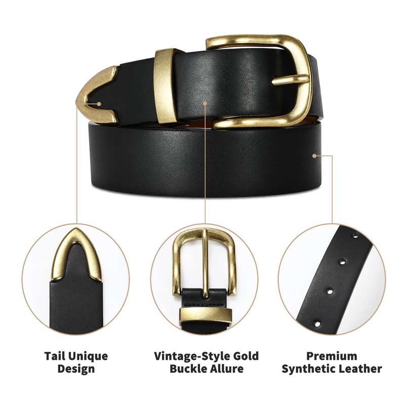 RISANTRY Black Belt for Women Vintage Gold Buckl Synthetic Black