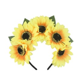 Yellow Sunflower Crown Headband with 5 Flowers Floral Headbands Daisy Head Hoops Headwear Headpiece for Beach Party Wedding Vacation