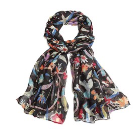 Miss Lulu Women's Fashion Scarf Bird Flower Butterfly Print Long Soft Neck Scarf Wrap Stole for Summer Beach Winter, black