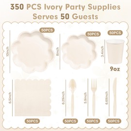 350 Pcs Ivory Paper Plates and Napkins Set, Tableware Set for 50 Guests Include Disposable Ivory Scalloped Plates, Napkins, Cups, Knives, Forks & Spoons for Baby Shower Wedding Bridal Shower Birthday