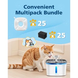 50 Pcs Cat Water Fountain Filters for Veken 95oz/2.8L, 67oz, 85oz, 135oz Dog Water Fountain Automatic Pet Fountain Dog Water Dispenser 25Pcs Pet Fountain Filter Replacement & 25Pcs Pre-Filter Sponges