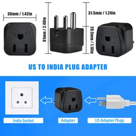 US to India Plug Adapter, 2 Pack Type D Plug Adapter, India Power Adapte US to India, Bangladesh, Maldives, Pakistan Travel Adapter (Black)