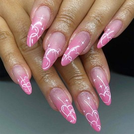 Long Pointy Press on Nails Love Heart False Nails Romantic Fake Nails Glossy Pink Gradient Glue on Nails for Women Girls