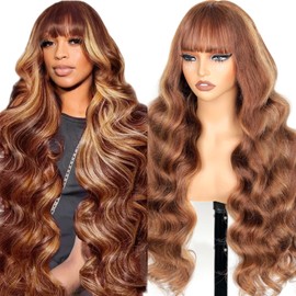 Ruiyu Ombre Highlight Human Hair Wig with Bangs 2x4 HD Lace Front Closure Body Wave Wear and Go Glueless Highlights 4/27 Honey Blonde Brown Colored Human Hair Wigs for Black Women 20 Inch