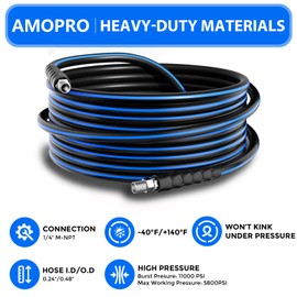 AMOPRO Sewer Jetter Kit for Pressure Washer, 5800PSI Drain Cleaner Hose 1/4 Inch NPT Corner Rotating and Button Nose Sewer Jetting Nozzle Spanner Watertight Tape Pearl Corsage Pin Handle Strap (100FT)