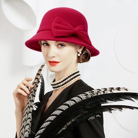 Buywis Womens Felt Cloche Bowler Hat Bowknot Fedora Bucket Hat 1920s Vintage Derby Church Hats Red
