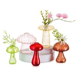 Hewory Glass Mushroom Vase for Flowers, 5pcs Colored Small Bud Flower Vases Unique, Mushroom Propagation Hydroponic Vases, Funky Cottagecore Decor for Home Room Kitchen Office Windowsill Decorations
