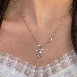TseenYi Tulip Flower Necklace Pink Tulip Necklace Silver Flower Pendant Necklace Sparkly CZ Floral Necklace Flower Chain Necklace for Bridal Wedding Jewelry
